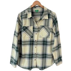 Dip Womens 100 % Organic Cotton Green Plaid Button Up Shirt Sz XL Long Sleeve